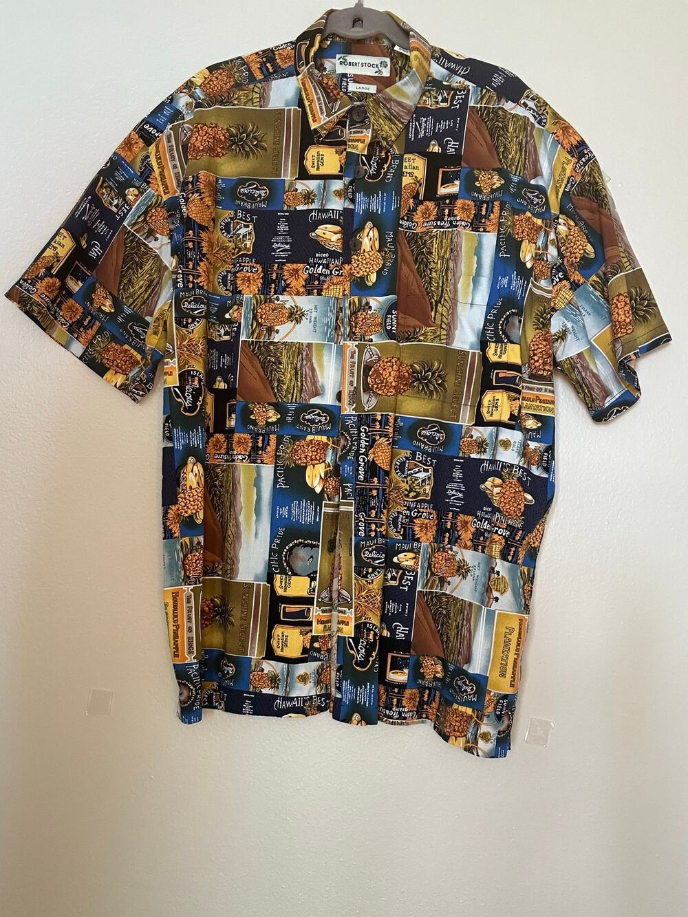 Robert Stock Hawaiian Shirt Lrg Pineapple Canned Fruit Print Vintage